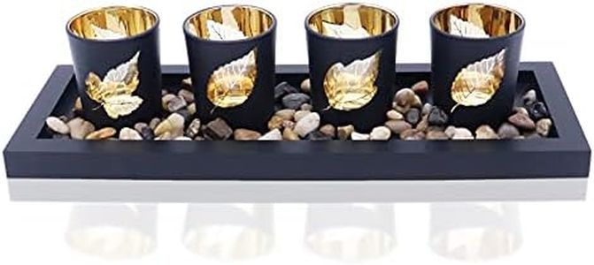 Candle Holder Set, Includes 4 Glass Cups, Natural Stones and Wooden Tray for Table Home Decorations (Leaves)