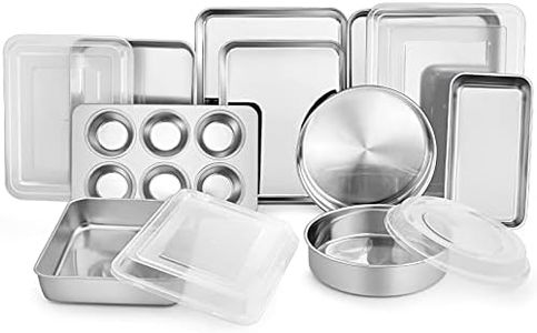 TeamFar Stainless Steel Bakeware Set, 13-Piece Metal Baking Roasting Pans with Lid, Rectangular/Square/Round/Lasagna/Loaf/Muffin Cake Pans, Non-Toxic & Sturdy, Smooth & Dishwasher Safe