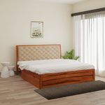 wakeup INDIA wooden Queen Size Bed |3 Years Warranty|Eleganz Sheesham Wood Bed With Storage With Upholstered Cushioned Headboard |Zero Partner Disturbance(Compartment-2,Size-78x60 inch,Maharani color)