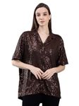 SAFFE Women's Casual Party Shirt Elegant Embellished Loose Fit Half Sleeve Collar Neck_Brown, L