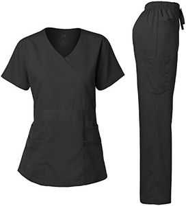 Dagacci Medical Uniform Women's Scrubs Set Stretch Ultra Soft Y-Neck Wrap Top and Pants Black XXS