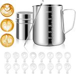 PROKITCHEN Stainless Steel Milk Frothing Pitcher 20oz/600ml for Milk Cappuccino Coffee Stencils Latte Art, Milk Jug Cup with Decorating Art Pen, Powder Shaker, 16 Pieces Coffee Decorating Stencils