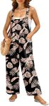 IWOLLENCE Women's Summer Jumpsuits Boho Wide Leg Overalls Casual Loose Rompers with Pockets 2024 Black Palm Leaf Small