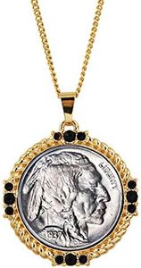 American Coin Treasures Buffalo Nickel Medallion Goldtone Necklace Pendant-with Faceted Round Jet Glass Stones| Buffalo Nickel Medallion with Cable Chain | Layered in 24 KT Gold