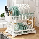 2 Tier Dish Drying Rack, White Dish Drainer Rack with Drip Tray, Stainless Steel Dish Rack Drainer, Draining Rack with Cup, Utensil and Cutting Board Holder, Sink Drainer Rack for Kitchen Countertop