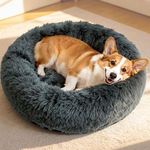 STORM HERO Calming Dog Bed for Small Medium Dogs & Cats, 60cm Washable Donut Pet Bed, Anti-Anxiety Round Fluffy Plush Faux Fur Cat Bed, Super Soft Cozy Puppy Cushion Beds with Non-Slip Bottom, Grey