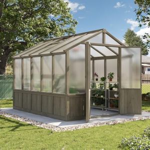 Aoxun 8x10 FT Wooden Greenhouse for Outdoors, 6MM Thick Polycarbonate Panel Walk-in Green House Kit with Adjustable Roof Vent and Lockable Door, Heavy Duty Cedar Greenhouse, Backyard Garden