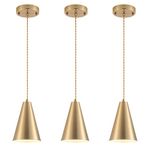 DIJIAHUA Gold Pendant Lights Kitchen Island,Dining Room Light Fixtures Over Table 3 Pack with Brushed Brass Cone Metal Shade, Farmhouse Mini Chandeliers,Adjustable Cord Hanging Lighting for Bar,Sink