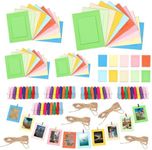 Rustark 50Pcs 5 Sizes 10 Colors Paper Picture Frames Kit with 50Pcs Colorful Wooden Clips and 5Pcs Strings, Cardboard Picture Frames Paper Photo Frames Hanging Display for Wall Decor