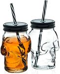 Skull Mason Jar Mug Glass Tumbler Cup with Cover and Straw - 16oz Set of 2