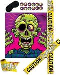 Halloween Games | Zombie Birthday Party Decorations | Pin The Eyeball On The Zombie Game And Caution Tape Zombie Party Decorations | Halloween Pin The Tail Game | Zombie Party Supplies | 2 Pack Bundle