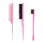 3 Pcs Hair Styling Comb Set, Teasing Hair Brush Rat Tail Comb Edge Brush, Boar Bristle Hair Brush Bristle Brush Grooming Comb for Women Girls（Pink）