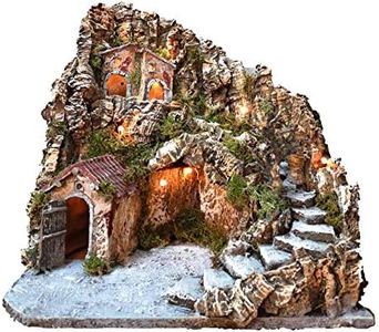 Presepe Completo illuminato natalizio con capanna e grotta per statuine artigianali, 38x38x38 cm
