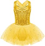 TiaoBug Girls Spaghetti Sequined Ballet Dance Dress Leotard Tutu Skirt Pink Turquoise White G1256#Gold 6-8