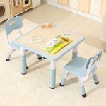 Hulaibit Kids Table and 2 Chairs Set, Height Adjustable Toddler Table and Chairs with Anti-Slip Foot Covers, Graffiti Desktop Arts & Crafts Table for Daycare, Classroom