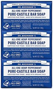 Dr. Bronner’s - Pure-Castile Bar Soap (Peppermint, 140g, 3-Pack) - Made with Organic Oils, For Face, Body and Hair, Gentle and Moisturizing, Biodegradable, Vegan, Cruelty-free, Non-GMO