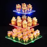 3 Tiers LED Acrylic Cupcake Stand, Ulifeme Rechargeable LED Light Square Clear Dessert Display Stand Cupcakes Tower for Christmas, Wedding, Anniversary, Baby Shower & Birthday Party, 15/20/25cm Tier