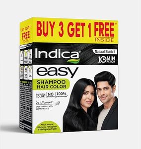Indica 10-Minute Hair Color Shampoo | Free | Ammonia-Free with 5 Herbal Extracts | Long-Lasting Natural Black | Easy DIY Pack (12.5g+12.5ml) with Gloves
