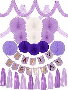 FIRST BIRTHDAY DECORATION SET Gold Cake Topper "One", Purple Banner Fiesta Hanging Paper Fan Flower Bundle with Purple Happy Birthday Banner (Happy Birthday Decoration) 24 PC