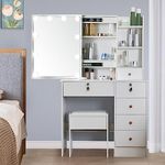 Makeup Vanity Desk with Mirror and Lights and Chair Vanity Set, White Makeup Desk with Storage 6 Drawers, Hollywood Lighted Mirror, Cute Vanity Table for Bedroom Teen Girl 1906