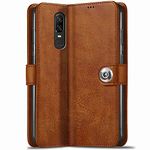 TheGiftKart Genuine Leather Finish Flip Back Cover Case for OnePlus 6 | Inbuilt Pockets & Stand | Wallet Style | Designer Button Magnet Flip Cover Back Case for OnePlus 6 (Brown)