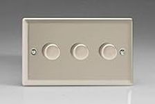 JNDP303 Varilight V-Pro Series 3-Gang 2-Way Push-On/Off Rotary LED Dimmer 3 x 10-250W (Max 30 LEDs) (Twin Plate), Classic Satin Chrome