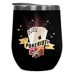 Pokerist Cards & Chips Stemless Tumbler - 12oz Stemless Tumbler Mug with Stainless Steel Trim Clear Press-in Lid Poker Player Gift - Matt Finish - Black