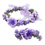 Wedding Bride Garland Women Floral Headband Flower Girl Adjustable Headwear Ladies Artificial Floral Hoop wih Wristband Beach Hawaii Wreath Crown Set Bohemia Headpieces Bracelet for Party Festival