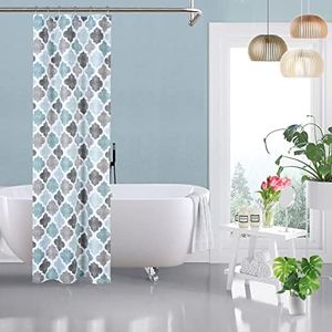 GlowSol Geometric Fabric Shower Curtain Moroccan Ogee Pattern, 35"×72", Light Teal/Grey, Shower Curtains for Bathroom Washable Fabric Cotton Blends