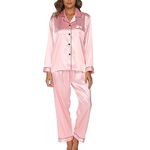 GAESHOW Ladies Pyjamas Set Womens Silk Satin Pajamas Set pJ Sets Long Sleeve Sleepwear Loungewear for All Seasons Pink - size L