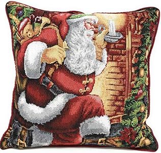 Tache Christmas Festive Winter Holiday Santa Down The Chimney Decorative Woven Tapestry Cushion Throw Pillow Cover, 1 Piece 16 x 16