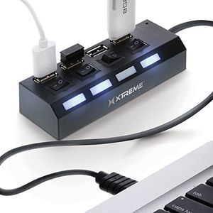 Xtreme 4-Port USB Hub, 4 Individual LED Power Switches, Works With Laptops/Desktops, Supports All USB Devices: Wireless Mice, Smartphones, Tablets, Plug and Play Installation