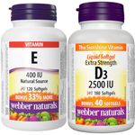 Webber Naturals Vitamin E 400 IU, 120 Softgels, Natural Source of Vitamin E, Antioxidant Support & Vitamin D3 2500 IU Extra Strength, 180 Softgels