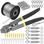 Stainless Steel Wire Rope Kit, with Crimping Tool, 100ft Vinyl Coated Aircraft Cable (1/16 Inch Overmolded to 5/64 Inch), 55Pcs Turnbuckle, Loops, Ferrule and Hooks (Gray)