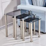 Ansley&HosHo Black Glass Nesting Tables Glossy Nest of 3 Tables Rectangular with Chrome Legs Sofa Side Table End Table Coffee Table for Living Room Reception Room Limited Space