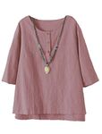 Minibee Women's 3/4 Sleeve Cotton Linen Jacquard Blouses Top T-Shirt, Pink, Medium