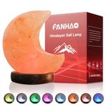 FANHAO Himalayan Salt Lamp, 100% Authentic Natural Hand Carved Moon Pink Crystal Rock Salt with 16 Color Changing, USB Salt Rock Lamp Night Light for Home Decor and Gift, Neem Wooden Base