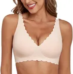 Xcutting Deep V Wireless Bras for Women No Underwire Scalloped Seamless Bralettes for Women with Support Petal Wavy Womens Bras with Extender (Nude,X-Large)