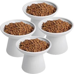 KITCHENLESTAR Ceramic Elevated Cat Bowls - 6.2 Inch Extra Wide Raised Cat Food and Water Bowl Set for Indoor Cats, Whisker-Friendly Ceramic Cat Dish for Elder Big Cats & Small Dogs,White,4 Pack