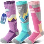 ANTSANG Kids Merino Wool Ski Socks for Girls Boys Teen Thermal Thick Warm Winter Hiking Knee High Stocking Stuffers Socks for Skiing Snowboarding(Purple/Green/Pink,8-12 Y)