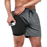 BRISIRA Mens Swim Trunks Swim Shorts for Men Quick Dry 5 inch Inseam Beach Shorts with Compression Liner Zipper Pocket Grey