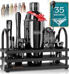 BARE BARREL® Cocktail Kit | Mixology Bartender Kit | 14-Piece Martini Cocktail Shaker Set | Home Bartending Tool Kit Bar Accessories | Stand & 35 Recipe Cards | Gift Set (Jet Black)