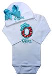 Baby Girl Embroidered INITIAL Bodysuit and MATCHING Grosgrain Bow Hat Personalized with Your Custom Name, Red Floral With Turquoise Bow Hat, 0-3 Months