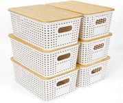 UHAPEER 6 PCS Storage Bins with Bamboo Lids Plastic Baskets Plastic Storage Containers for Organizing Stackable Storage Box with Handle for Shelves Drawers Desktop Closet Classroom Office（White）