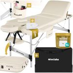tectake® 3-Zone Massage Table with Sturdy Aluminium Frame, Foldable Massage Bed with Thick Foam Padding, Oil- & Water-Resistant Cover, Adjustable Spa & Beauty Bed, Incl. Carry Bag & Face Masks - Beige