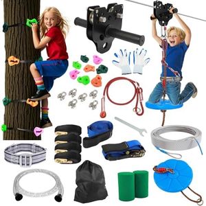 FAHKNS Zip Line Kit for Kids Adults: 200FT Up to 400 lbs - Updated Removable Design Trolley,Thickened Seat,Safety Harness,Quick Tighten Zipline Kits for Outdoor Backyard