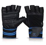 XTRIM X Macho One Size Fits All Unisex Leather Gym Gloves, for Professional Weightlifting, Fitness Training and Workout, with Half-Finger Length, Wrist Wrap for Protection and Tactical Thumb (Blue)