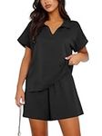 PINSPARK Womens Sport Suit Summer Short Sleeve V-neck Shirts and Shorts Set Casual 2pc Tracksuit