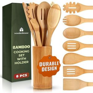 Bamboo Wooden Spoons for Cooking 7 PCs with Holder – Wooden Cooking Utensils + Holder for Nonstick – Wooden Utensil Set – Easy to Clean, Sturdy, Lightweight & Heat Resistant