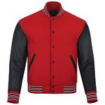 warrior gears Mens Varsity Jackets with Real Leather Baseball Varsity Bomber Jacket, Red Wool Body & Black Leather Sleeves - L